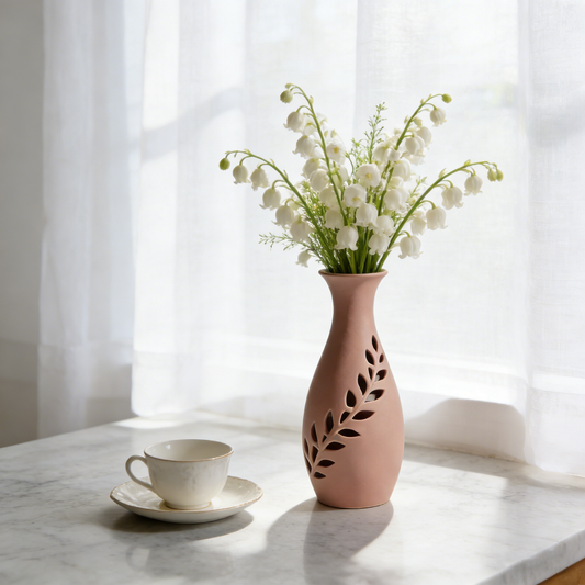 Pink Matte Finish Openwork Leaf-Shaped Vase