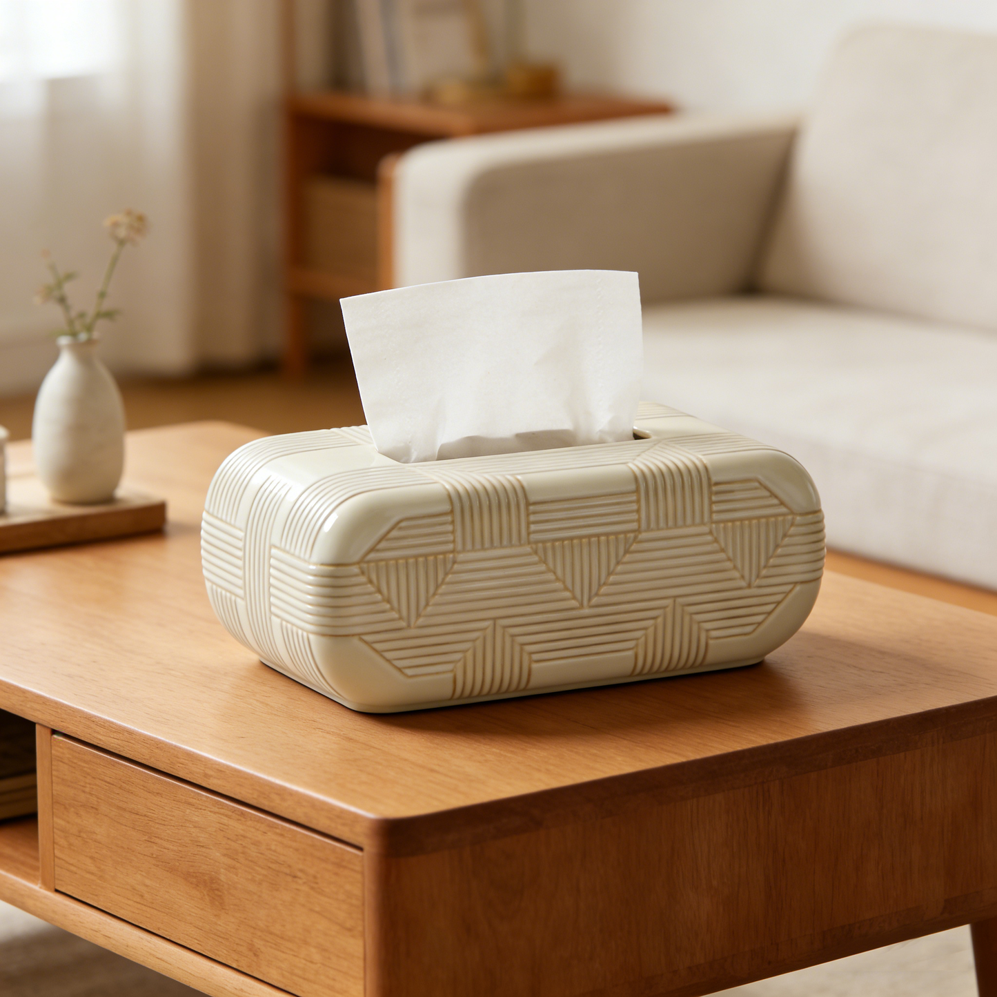Woven Pattern Cream Glaze Tissue Box