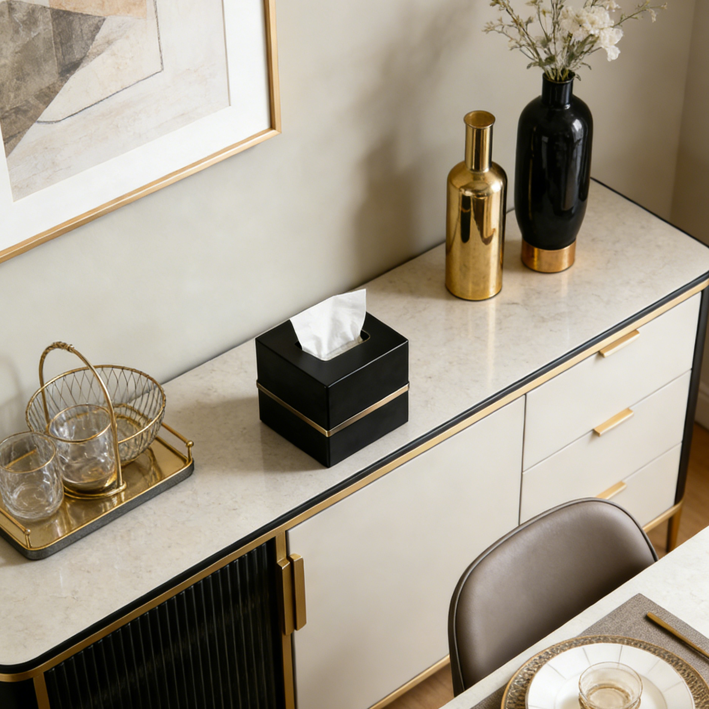 Black and Gold Color-Blocked Tissue Box