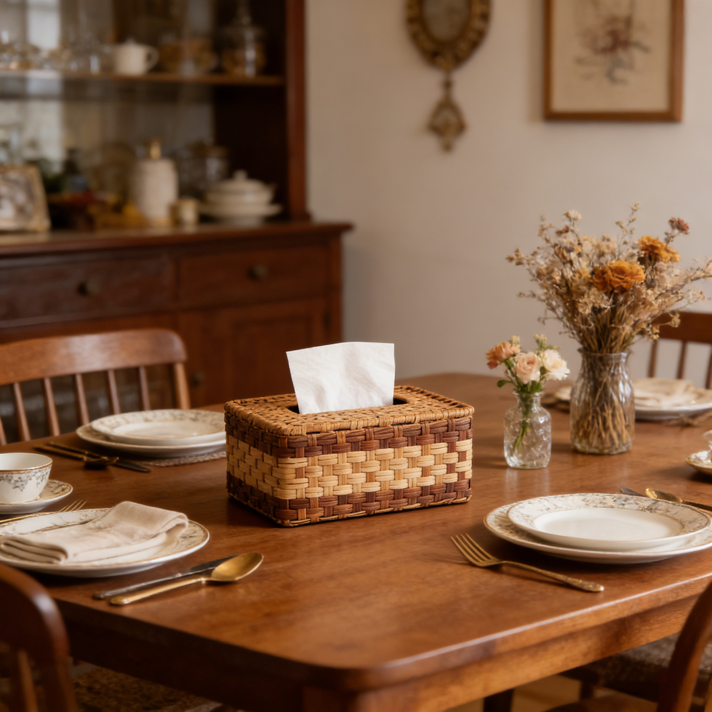 Two Color Woven Rattan Tissue Box