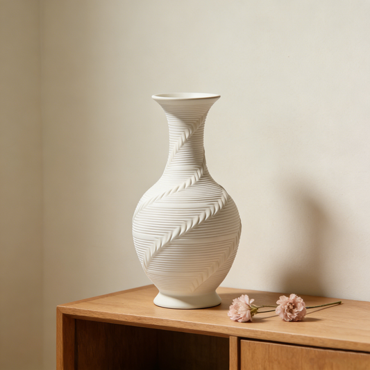 Diagonal Striped Relief Plain White Yuhuchun Vase