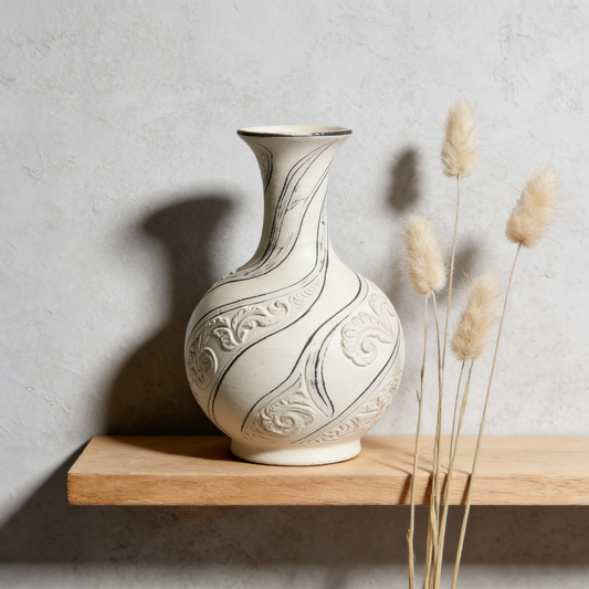 Retro Ink Pattern Relief White Glaze Display Vase