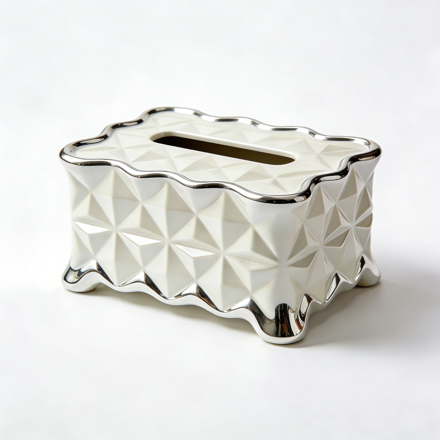 Diamond Quilted Ceramic Tissue Box with Silver Wave Rim