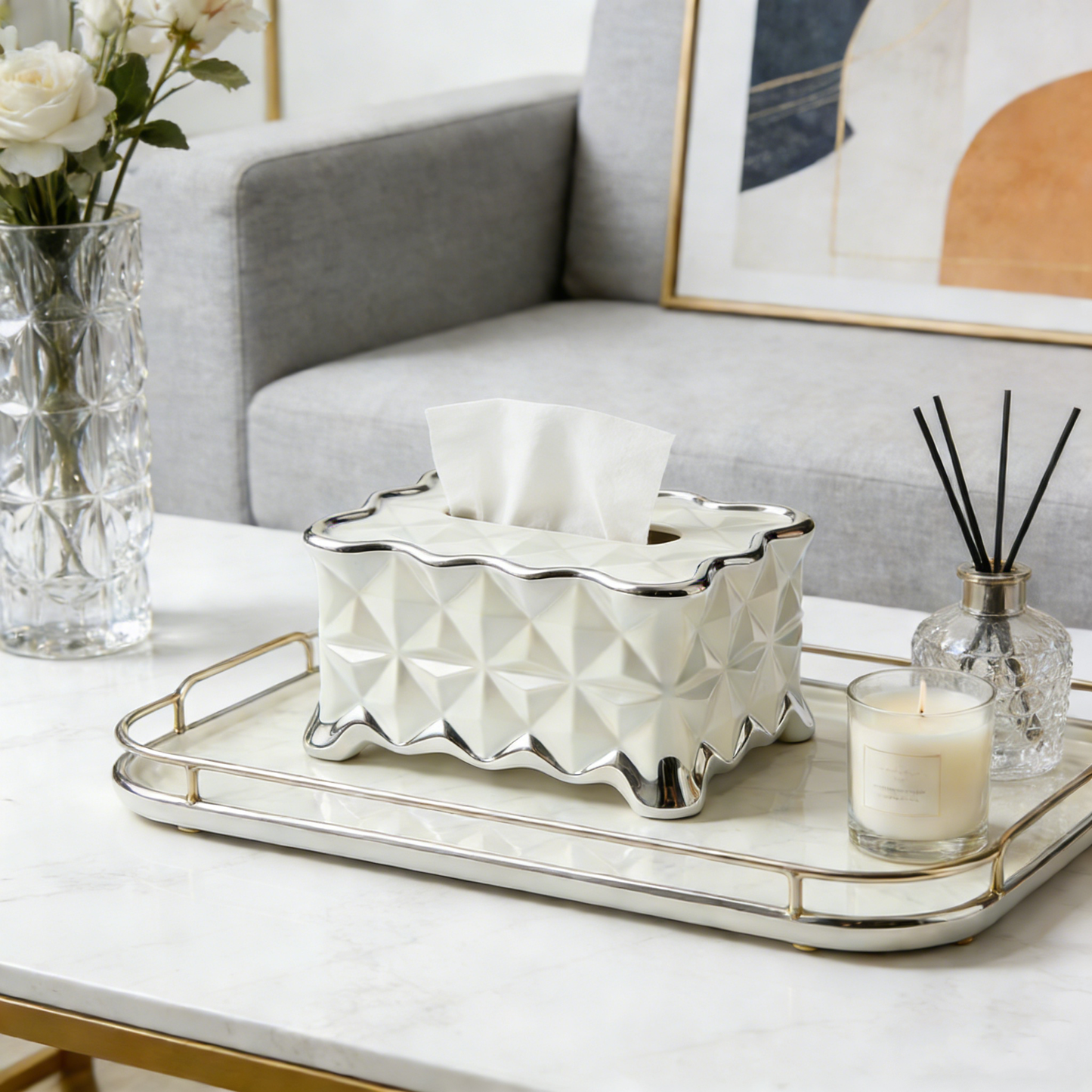 Diamond Quilted Ceramic Tissue Box with Silver Wave Rim