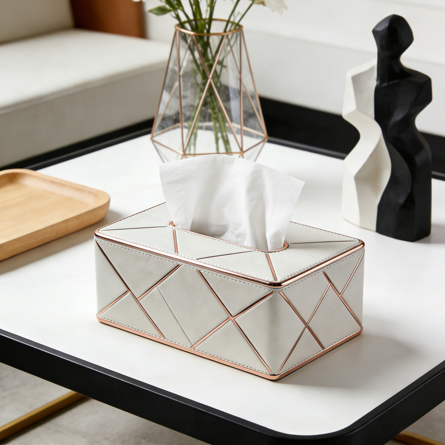Luxury Leather Tissue Box with Rose Gold Trim